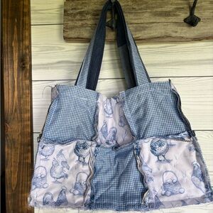 Blue and White Chicken Print Tote Bag( homemade) Rag quilt tote